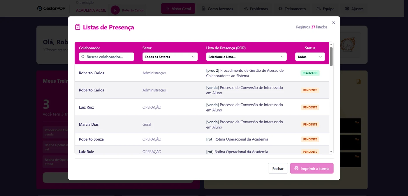 Painel de gestão do Gestor POP no desktop
