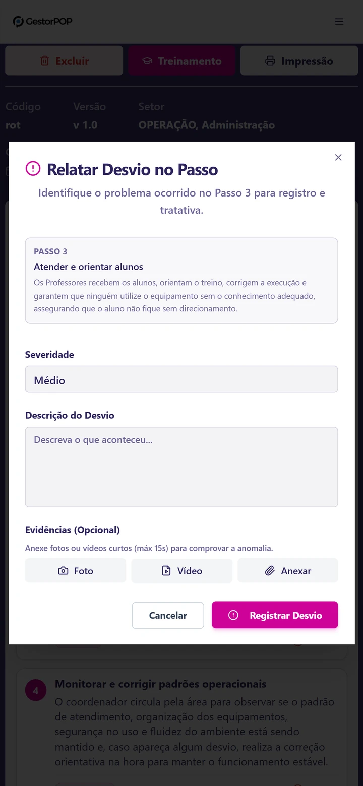 Registro de desvio no Gestor POP